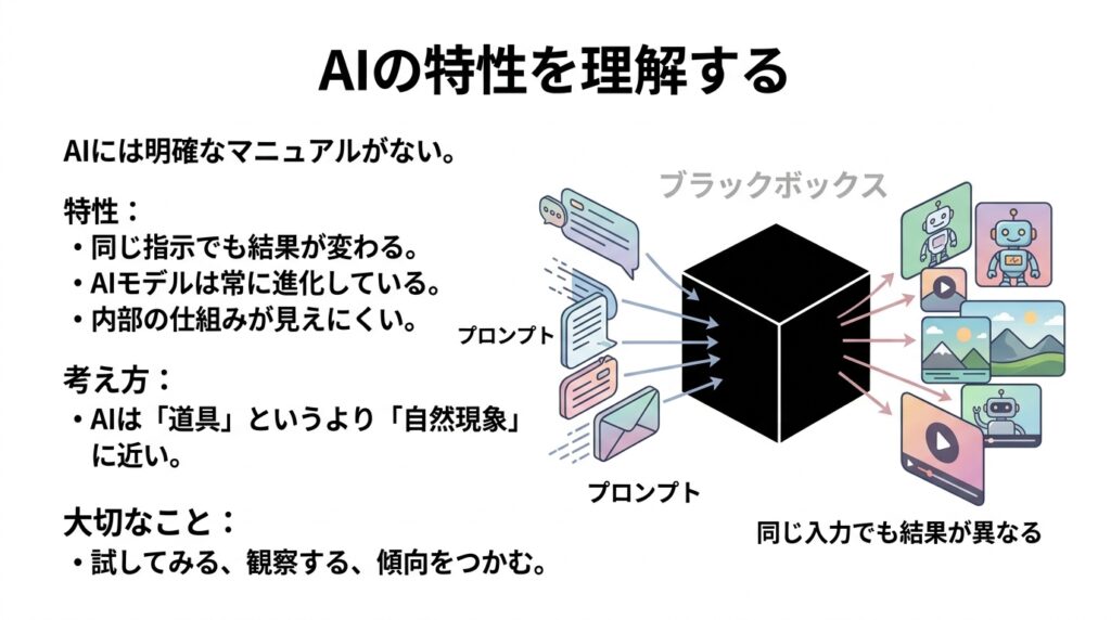 AIの特性を理解する ブラックボックスとプロンプト入力の解説図