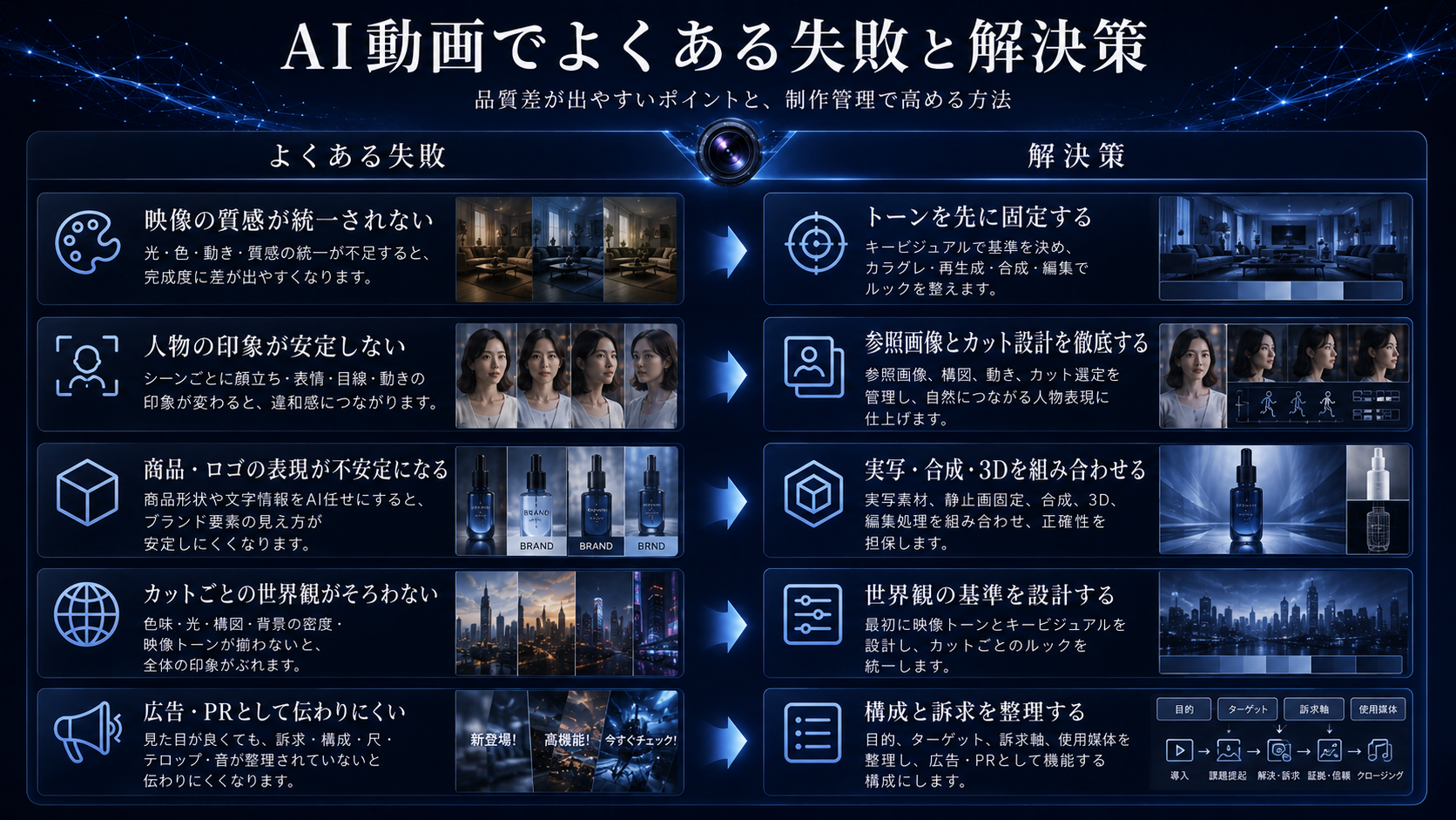 AI動画でよくある失敗と解決策、映像の質感、人物一貫性、商品正確性、世界観統一、広告構成