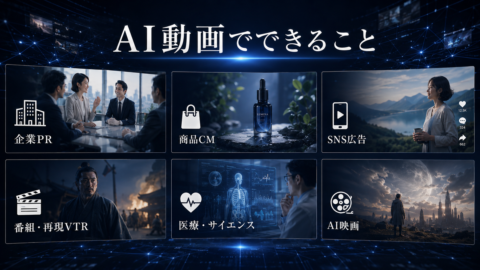 AI動画でできること、企業PR、商品CM、SNS広告、番組、医療映像、AI映画の活用例